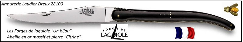  Couteau-Forge de Laguiole-Pointe corne-abeille OR massif et  pierre "Citrine".