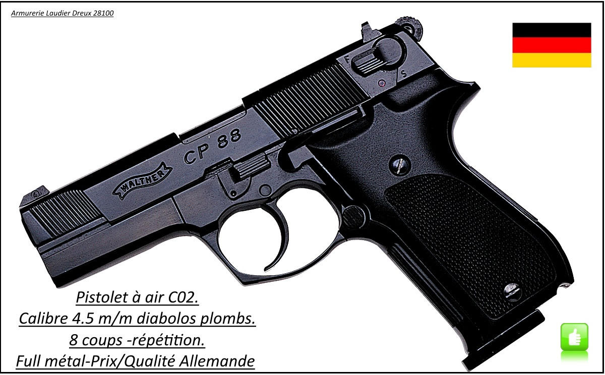 Pistolet Walther Cp 88 Umarex Calibre 4,5m/m CO2-Bronzé-romotion-Ref 1026
