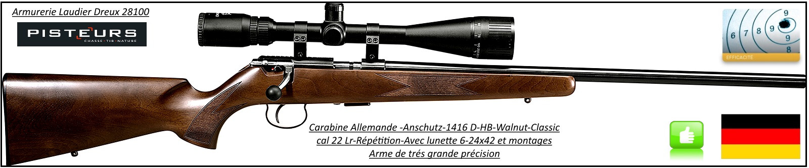 Carabine-ANSCHÜTZ-Mod-1416D- HB WALNUT CLASSIC-Cal 22LR- KIT lunette 6-24x42 AO- -"Promotion"-Ref 11223