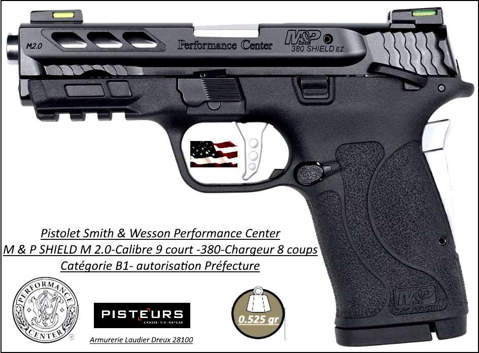 Pistolet Smith et Wesson M&P 380 Shield M2.0 silver Calibre 9 court 380 Semi automatique USA-Catégorie B1-Promotion-Ref 781927