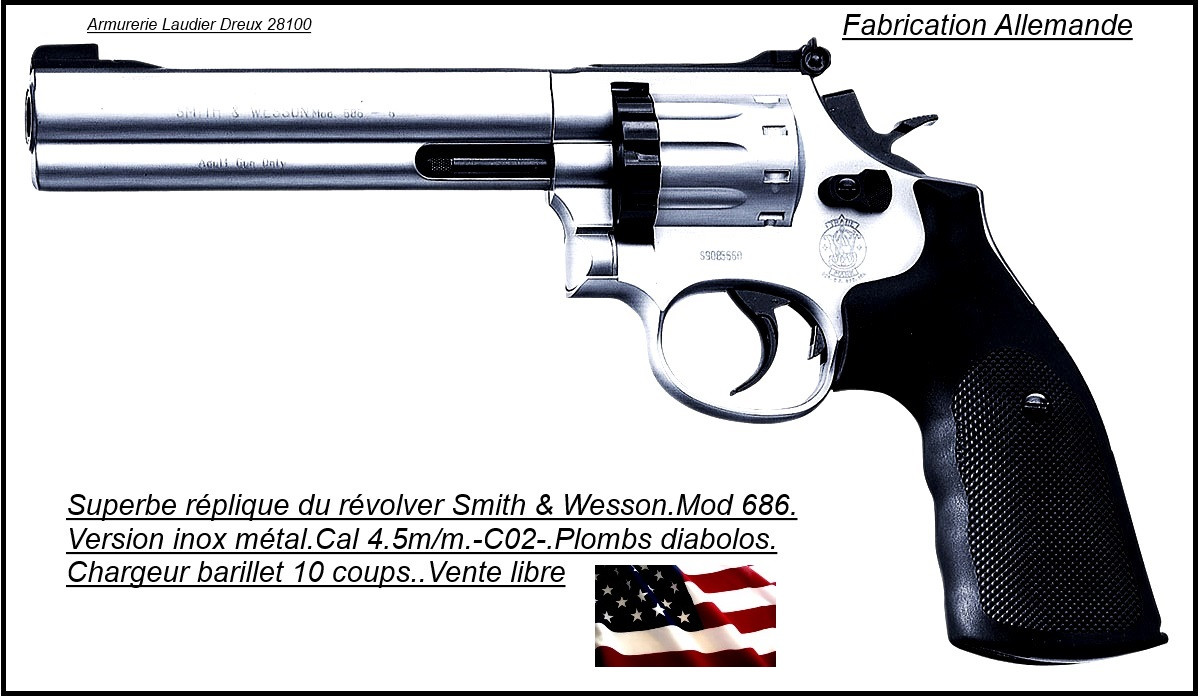Revolver Smith & Wesson  UMAREX.Mod. 686. CO2 Cal. 4,5 mm. Canon 6'', finition steel (blanc).Ref 12872