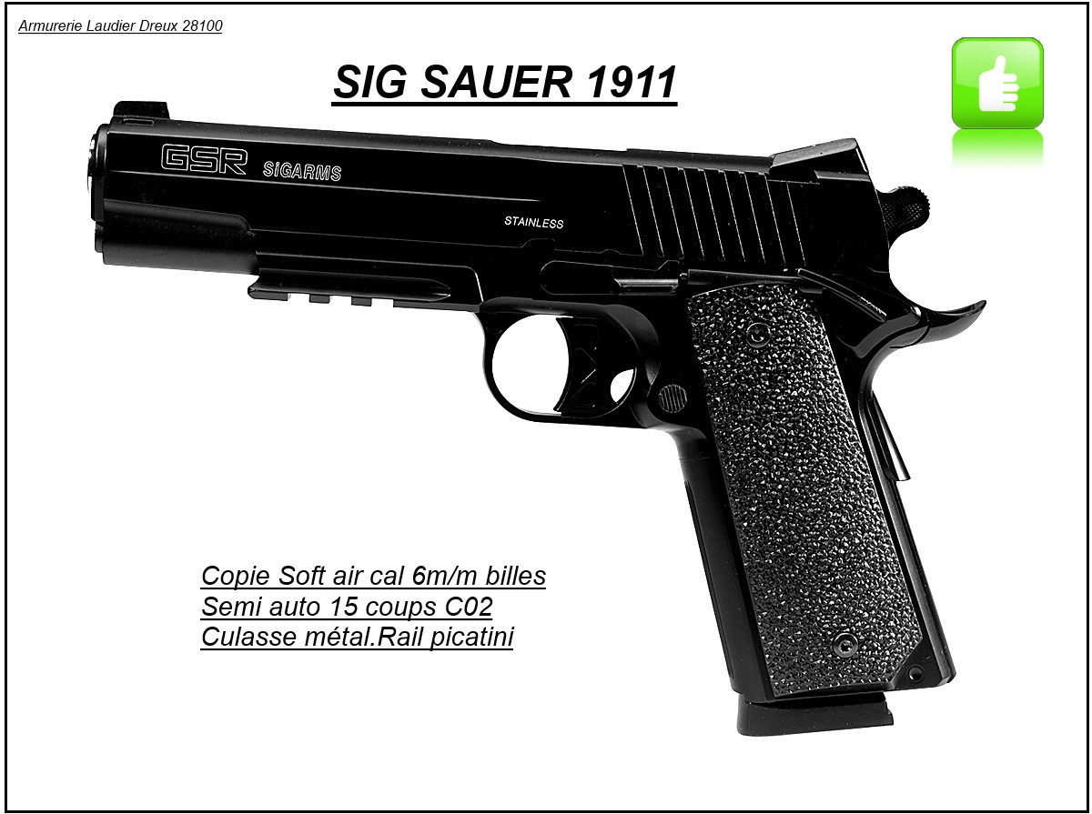 Pistolet Sig Sauer 1911 Cybergun.Cal 6 m/m -Semi auto-Culasse métal -"Promotion"Ref 13342