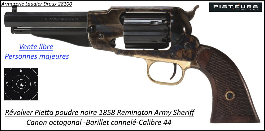 Révolver PIETTA poudre noire 1858 Remington SHERIFF Canon octogonal JASPE Calibre 44-Promotion-Ref 13395