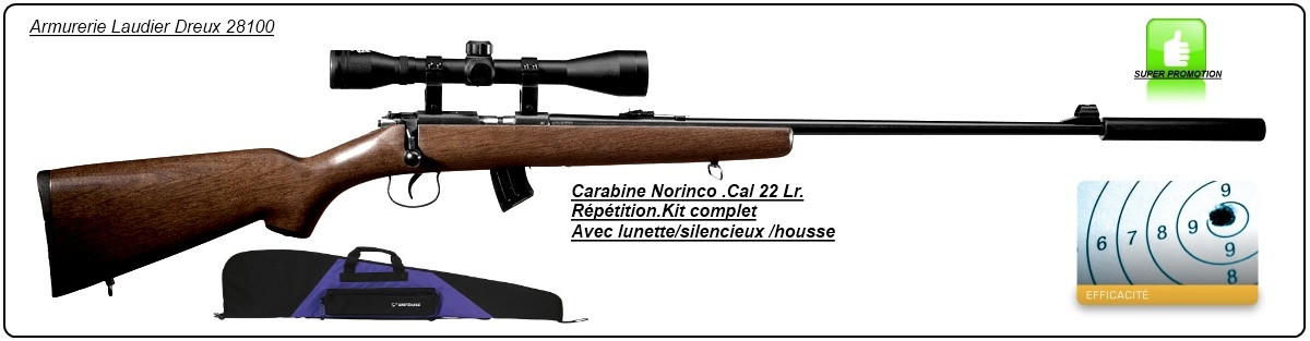 Carabine Norinco Jw15 Calibre 22LR Répétition manuelle+ kit avec lunette + silencieux-Crosse bois-Promotion-Ref 13744