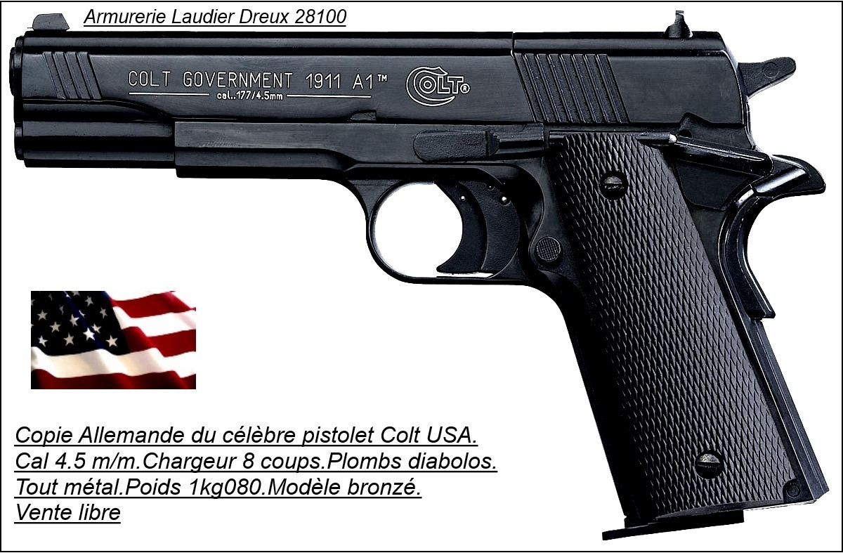 Pistolet Umarex COLT Government 1911 A1-Cal 4,5m/m-8 coups-BRONZE noir-Ref 14218