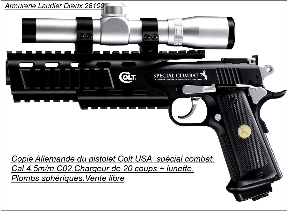 PISTOLET Umarex COLT SPÉCIAL COMBAT XTREME + lunette Walther 2X20 type inox. Cal 4,5mm.CO2- 20 coups .Ref 14221