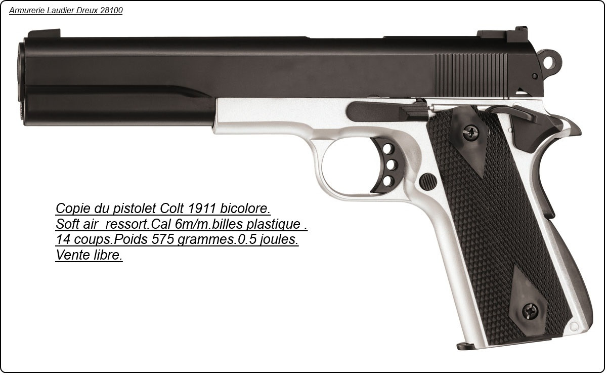 Pistolet à ressort Type Colt 1911 .Cal. 6 mm, simple action, chargeur 14 billes."Promotion".Ref 14245