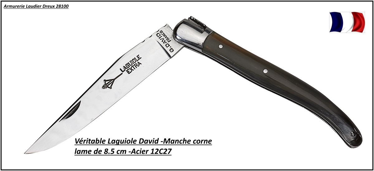 Couteau-Laguiole-David-Artisan Français-de poche.Manche en Corne-Lame 12cg27-Long: 9.5 cm-R 15501.