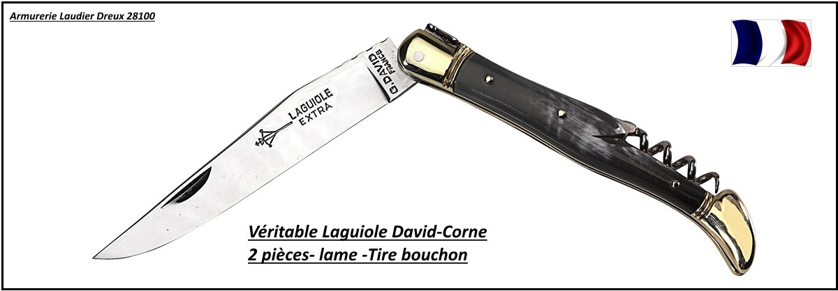 Couteau-Laguiole-David-Artisan Français-de poche-Manche en Corne+ Tire bouchon-Lame 12cg27-Long: 12 cm-R 15502-6832bel