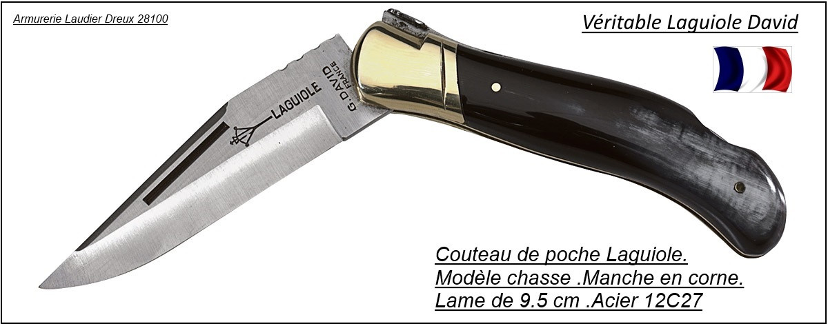 Couteau-LAGUIOLE-David-G-Artisan Français-de poche-Manche Corne-Lame 9,5 cm-Ref 15504