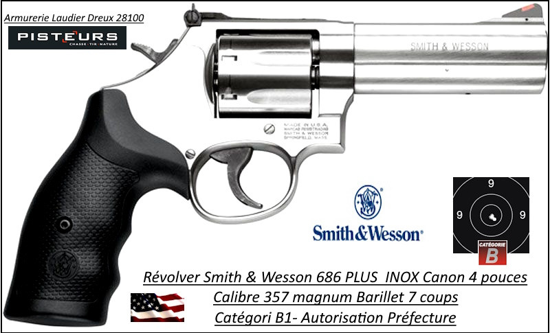 Révolver Smith et Wesson 686 PLUS Calibre 357-magnum  inox Canon 4 pouces 7 coups -Catégorie B1-Autorisation-Préfecture-Promotion-Ref 765328