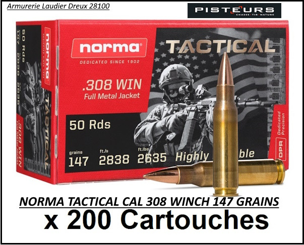 Cartouches calibre 308 winch NORMA TACTICAL  (7.62x51) poids147 grains FMJ blindées par 200 cartouches-Promotion-Ref 308-norma-200