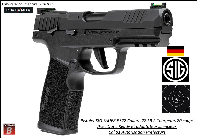 Pistolet SIG SAUER P322  Optic ready Calibre 22 Lr Semi automatique 20 coups -Catégorie B1-Promotion-Ref SI322