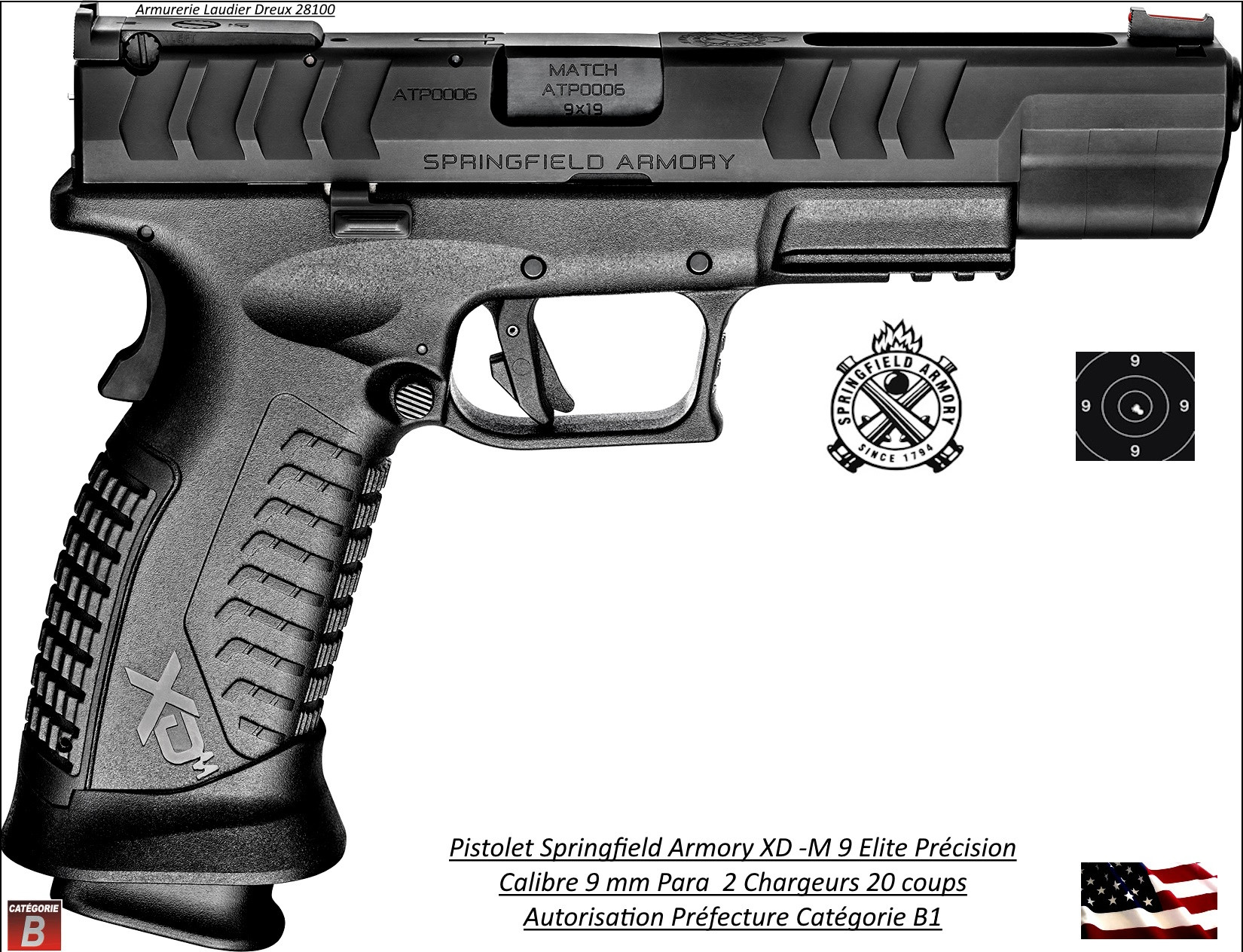 Pistolet SPRINGFIELD ARMORY XDM9 Elite Précision USA Calibre  9mm Para canon 5"25 Semi automatique-Catégorie B1-Promotion -Ref pxdm5259