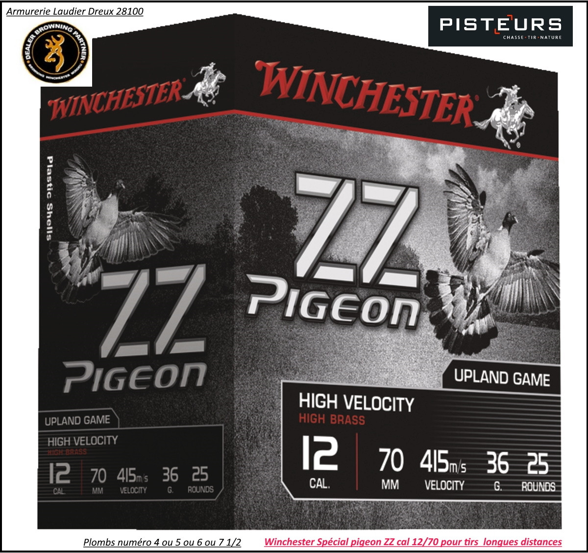 Cartouches WINCHESTER  ZZ PIGEON calibre 12/70-N° 4 ou 5 ou 6 ou  7 1/2-Boites de 25