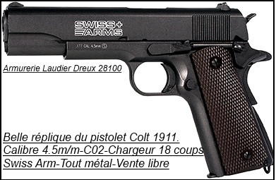 Pistolet  type Colt 1911- SWISS ARMS-semi-auto- Cal. 4,5 mm-CO2-Blow-Back-"Promotion"--VENTE LIBRE--Ref 17797