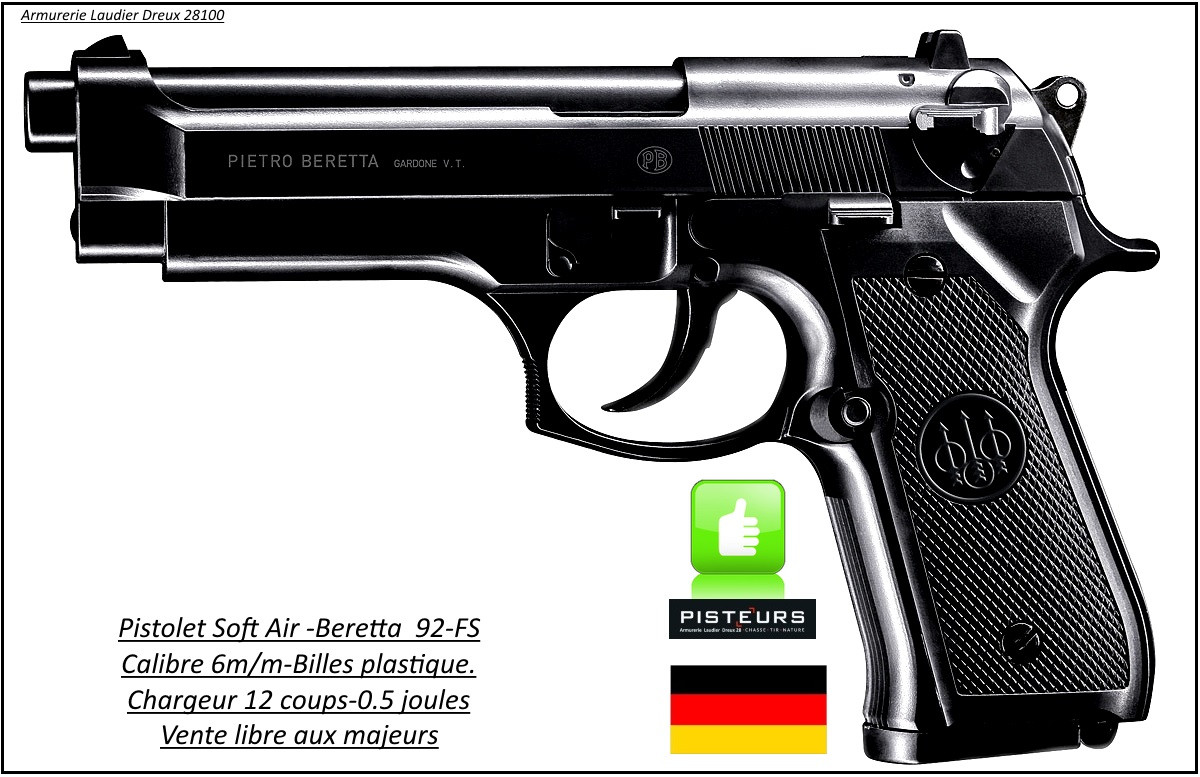 Pistolet Beretta 92 FS Umarex Cal 6mm Soft air CULASSE METAL 0,5joules-12 coups-Ref 18578