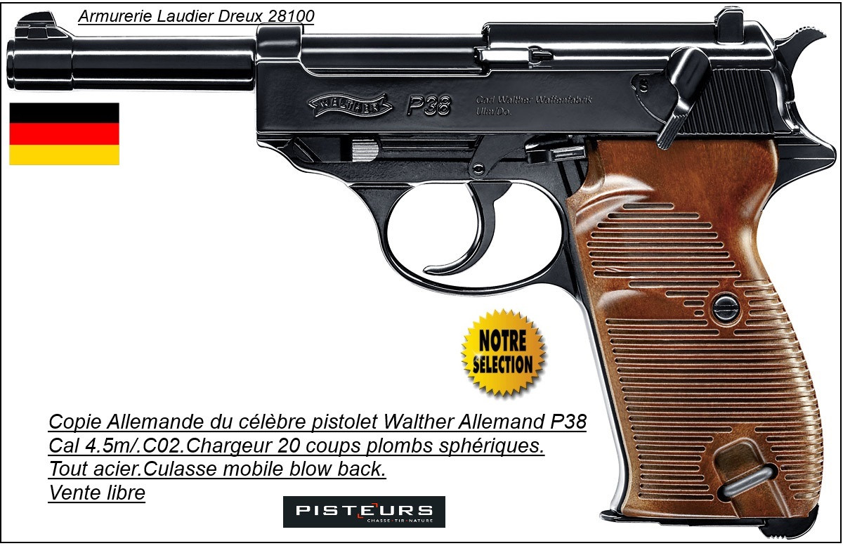Pistolet Umarex Allemand CO2 Walther P38.Cal 4.5mm. Billes d'acier 20 coups."PROMOTION".Ref 18626