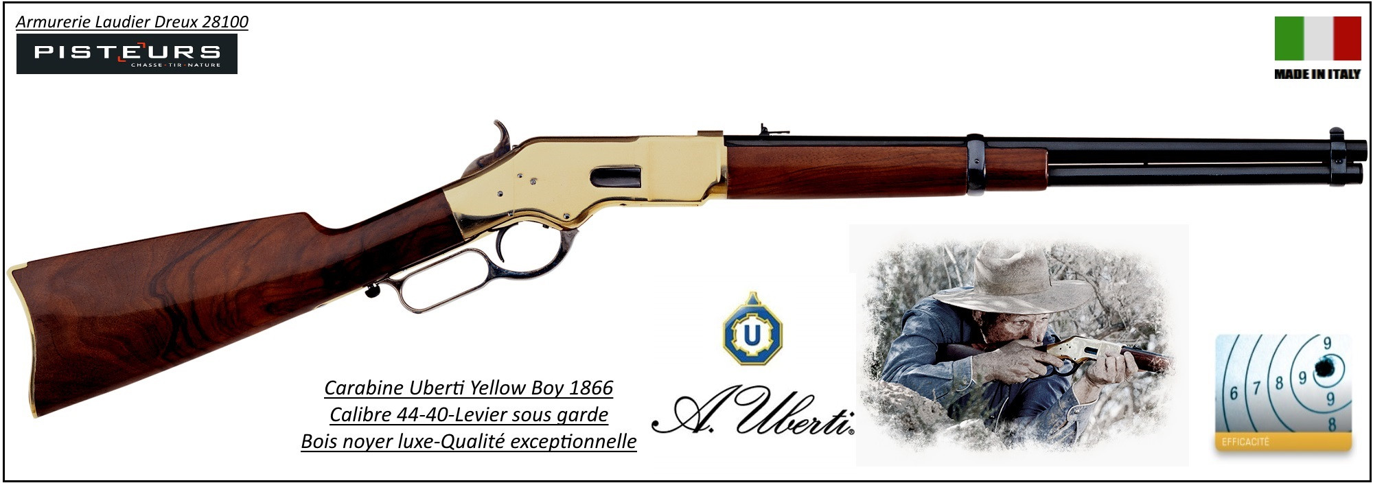 Carabine Uberti Yellow Boy 1866 carbine rifle Anneau de selle type Winchester boitier laiton Canon rond Calibre 44-40 -Ref 32501810