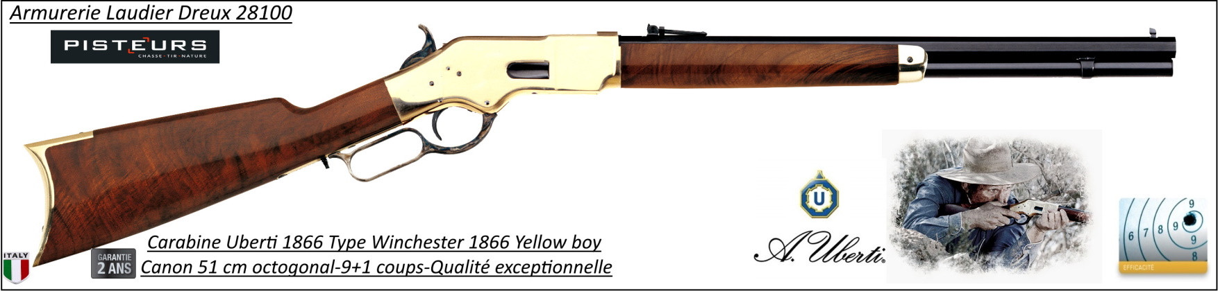 Carabine Uberti Yellow Boy 1866 short rifle type Winchester boitier laiton Canon octogonal Calibre 44-40 -Ref 32501568