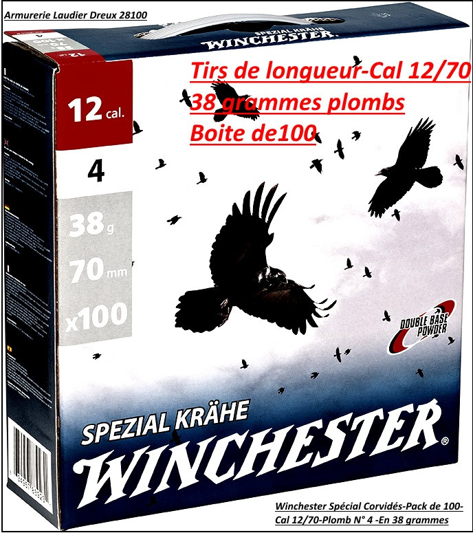 Cartouches-Winchester-Spécial corvidés-Cal 12/70-Plomb N°4 en 38 gr-Pack de 100 cartouches-Ref 19093