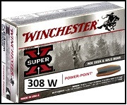 Cartouches-Calibre-308-winch-Winchester-Power point-Super-X- ou- BLINDEES-Ogives -9.52gr-ou-9.72gr-ou-11.66 gr-Boite de 20