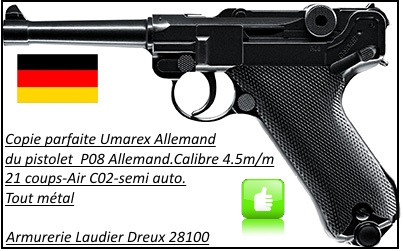 Pistolet-P08 -Cal-4.5mm-CO2-Billes d'acier 21 coups-Ref 19882