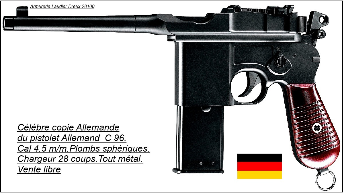 Pistolet-C96 -Cal 4.5mm-CO2- Billes d'acie- 28 coups-Ref 19883