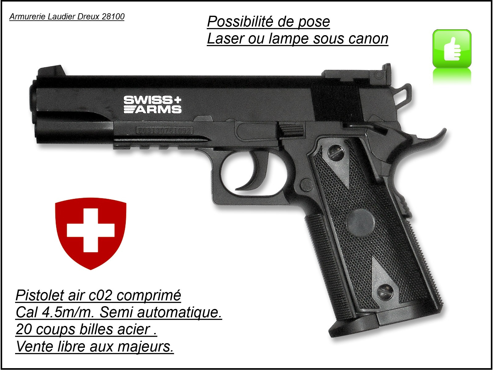Pistolet-Swiss arm-PT 1911-Match-Semi auto C02-  Cal 4,5mm- 20 coups -"Promotion"-Ref 20707