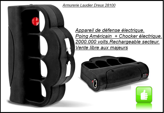 Appareil défense électrique Poing Américain+ chocker 2 000 000 volts- Rechargeable sur secteur+ lampe -Ref 21094-30244