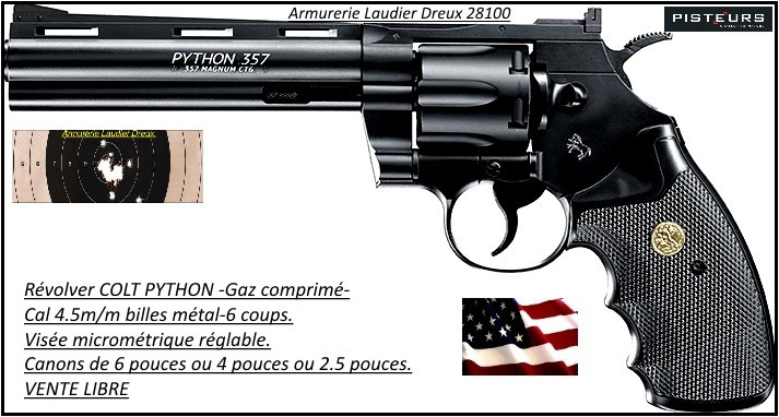 Révolver Colt PYTHON Umarex CO2 Calibre 4.5mm- Billes d'acier-ou Plombs jupe-6 coups-Carcasse noire-Canon de 6 pouces-Ref 21702-29070