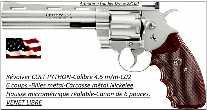 Révolver -Colt - PYTHON-CO2-Cal 4.5mm- Billes d'acier-6 coups-Carcasse métal Nickelée-Canon de 6 pouces-"PROMOTION"-Ref 21703