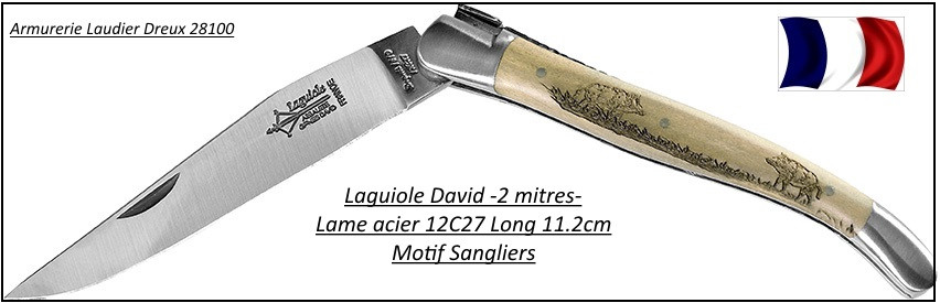 Laguiole chasse-original-Genes DAVID-Véritable laguiole-olivier-Lame 11.2 cm-motif sangliers-Ref 21965