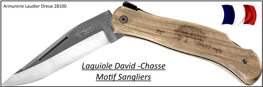 Laguiole chasse-CUBE- Genes DAVID-Véritable laguiole-olivier-Lame 10 cm-Gravure sangliers-Ref 21966