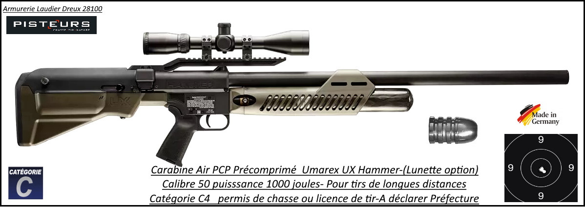 Carabine air comprimé PCP Umarex UX Hammer Calibre 50 (12.7mm)-puissance 1000 joules-Tirs longues distances-Promotion-Ref 41835