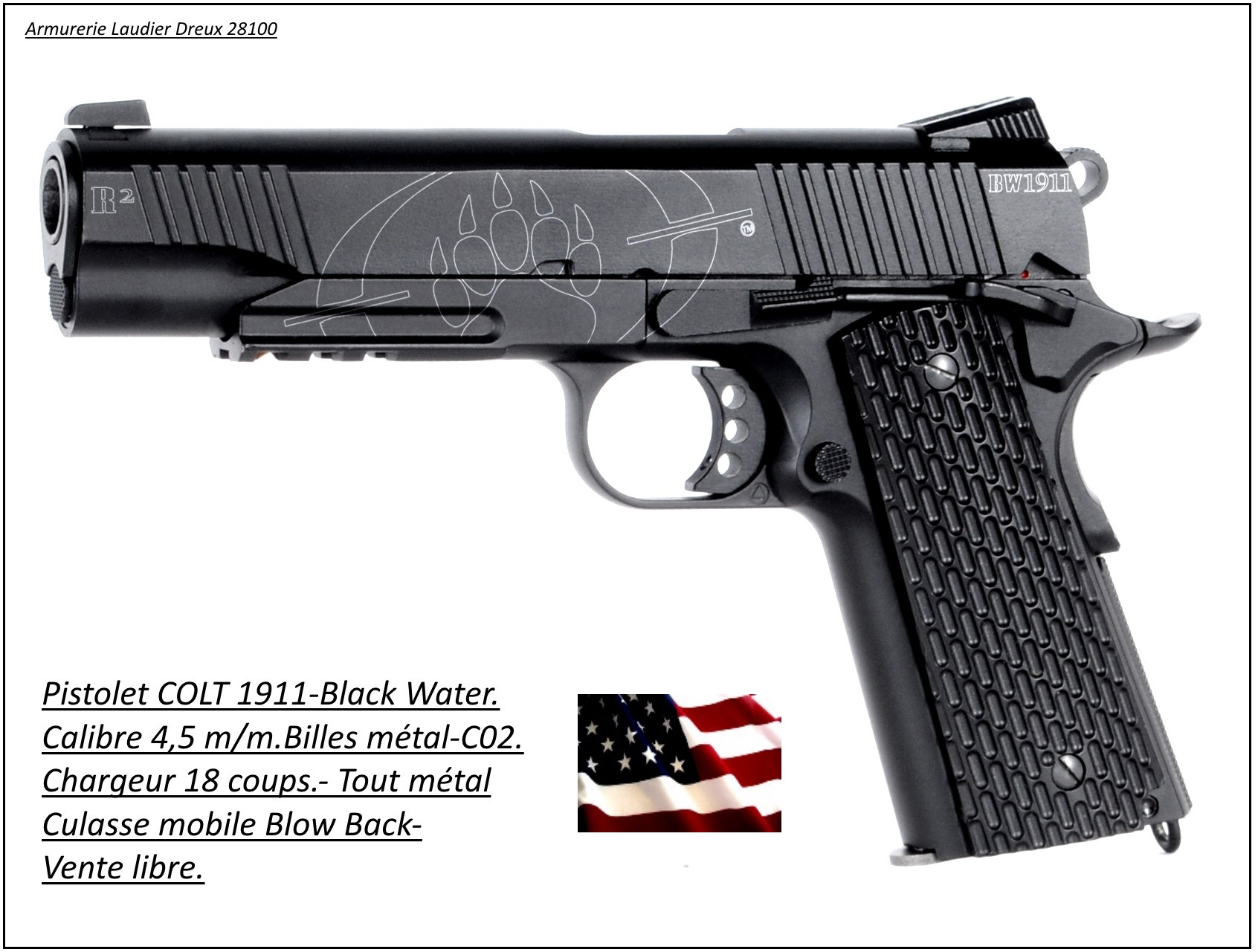 Pistolet -Colt 1911-CO2-Cal 4.5mm-Semi auto- Billes d'acier-18 coups-Carcasse métal-Culasse mobile Blow Back-"PROMOTION"-Ref 22568