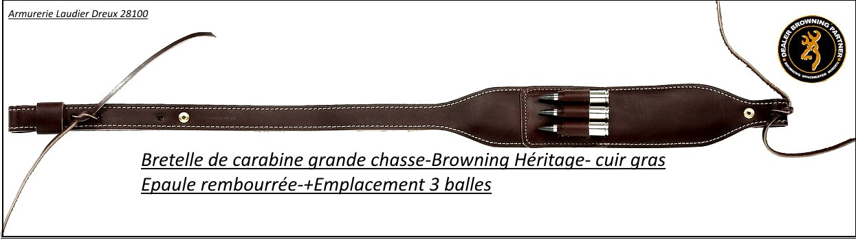 Bretelle Browning Héritage 2 cuir Carabine avec cartouchière trois tubes balles rembourrée épaule-Ref 35123