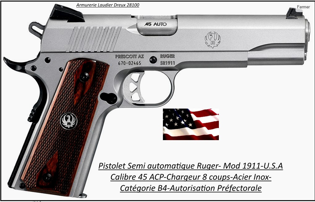 Pistolet-Ruger-SR 1911-Calibre-45 ACP-Semi automatique-Catégorie B1-Promotion-Ref 23122