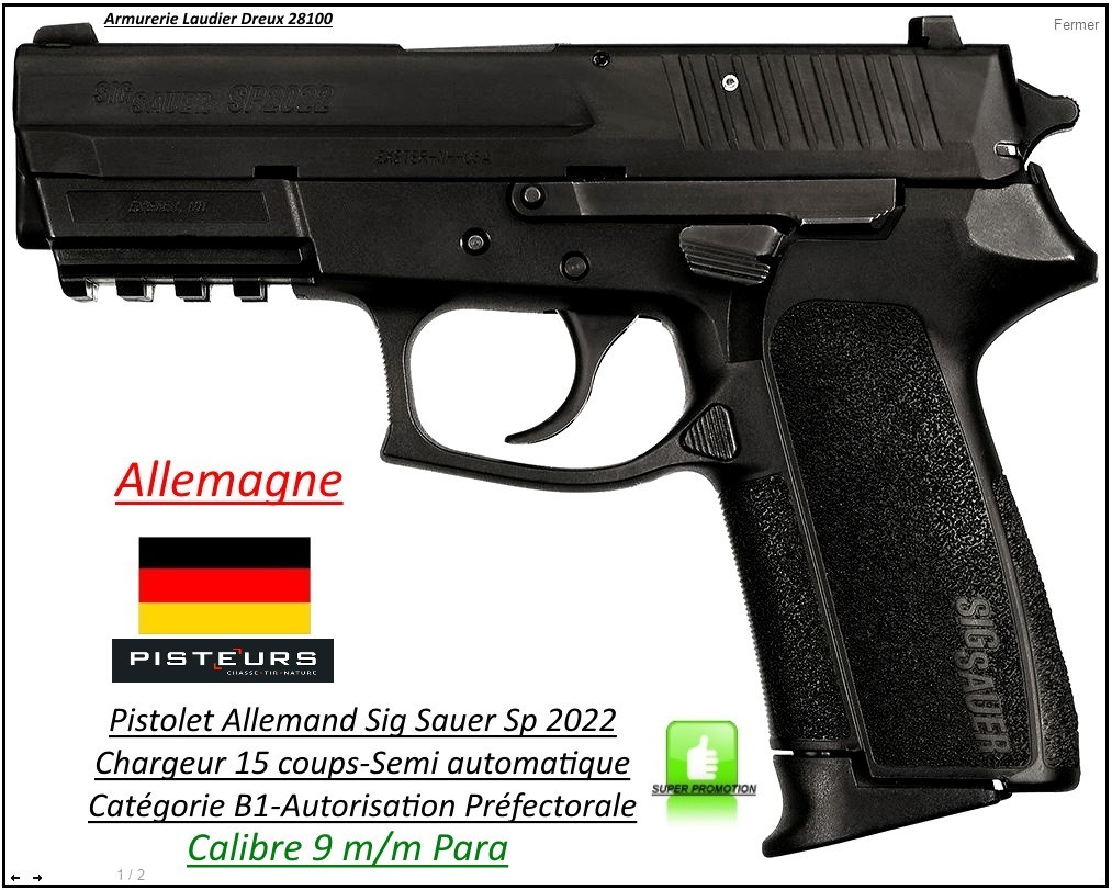 Pistolet-Sig Sauer-SP-2022-Calibre-9 Para-Semi automatique-Catégorie B1-Promotion-Ref 23360
