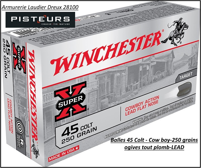 Cartouches Winchester calibre 45 colt COW BOY ogive plomb LEAD-16.20 gr-(250 grains)boite 50-ref 23666