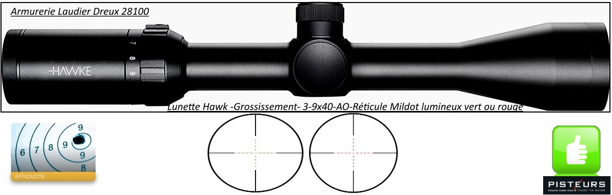 Lunette Hawke Optics Vantage 3x9x40-AO Réticule-Mil Dot lumineux-vert-rouge-Promotion-Ref 23704