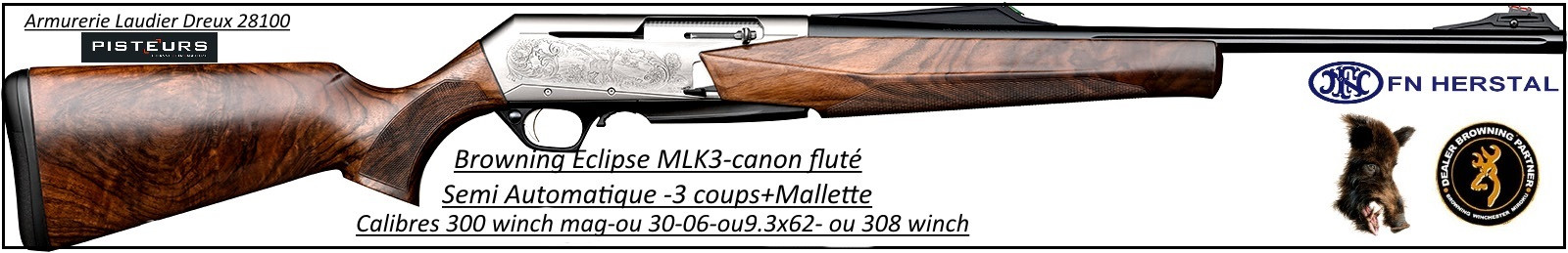 Browning MK3 Eclipse flutée Semi automatique noyer grade 3 Calibre 30-06-ou-300 winch mag-ou-9.3x62-bande-battue-Promotion