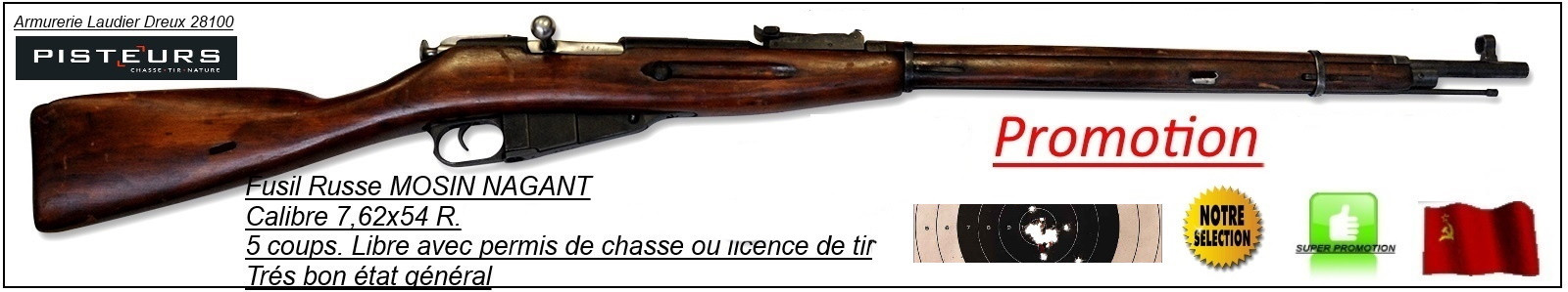 Fusil MOSIN NAGANT Calibre 7,62 x 54 R modèle 1891/30-Russe D'époque- répétition 5 coups -Trés trés bel état général- -Promotion-Ref 24309