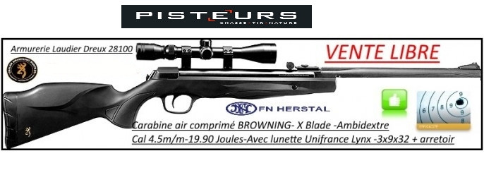 Carabine Air comprimé  Browning X  Blade 2  Calibre 4.5 m/m-Crosse synthétique-19.90 joules-Avec lunette 3x9x32 + arrêtoir- ou sans lunette -Promotions