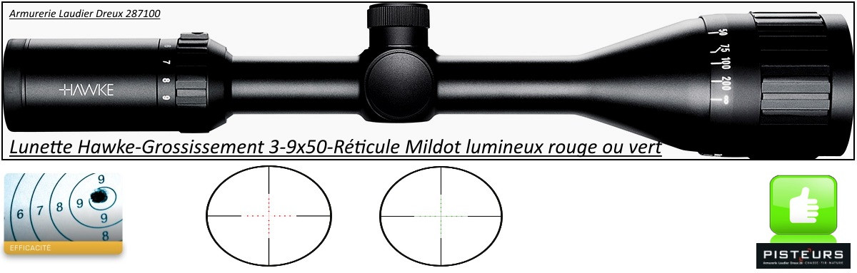Lunette Hawke Optics Vantage 3-9x50-AO-Réticule-Mil Dot-lumineux-vert-rouge-Promotion-Ref 25502
