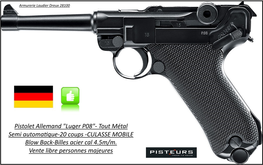 Pistolet Luger P08 Umarex CO2 Calibre 4.5mm Blow Back Full Métal 20 coups-Promotion-Ref 25694