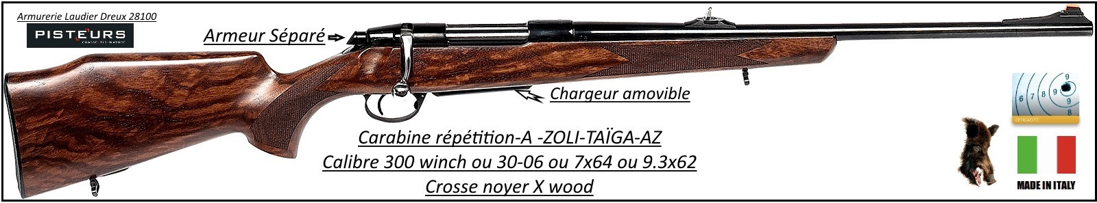 Carabine-A-ZOLI-Taïga-AZ-répétition-Calibre 30-06-Bois-X-wood-armeur séparé-chargeur amovible-Ref 25870
