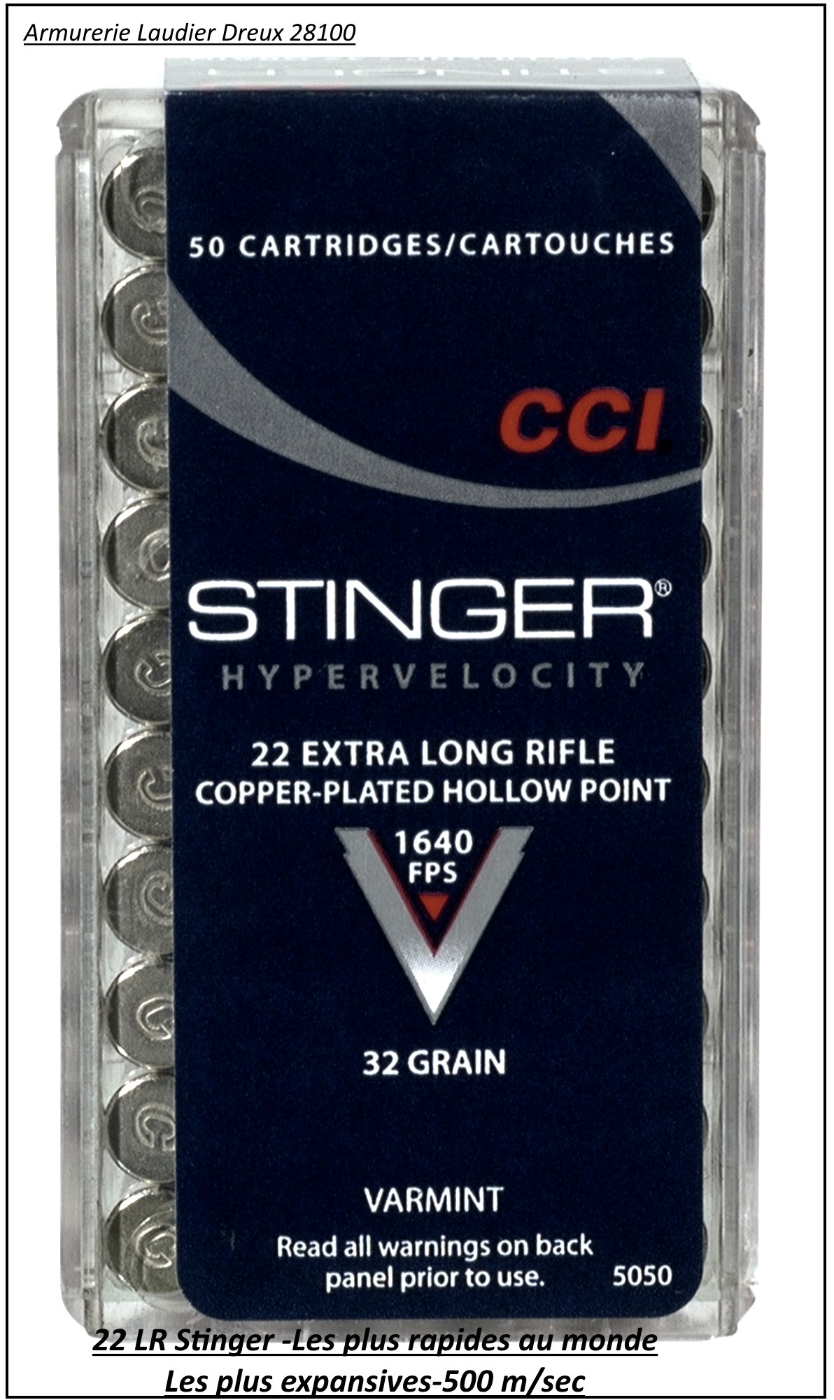 Cartouches CCI STINGER HP Calibre 22 Lr- par 50-vitesse-500-m/sec-Promotion- Ref 2613