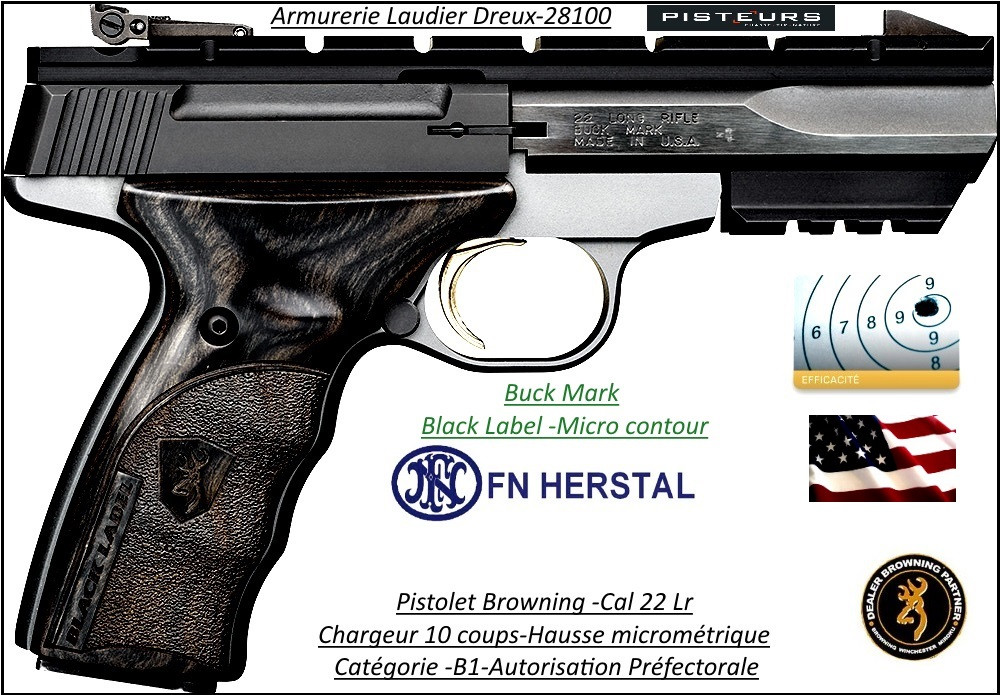 Pistolet Browning Buck Mark Black Label  Micro contour Calibre 22 Lr-Semi automatique-Catégorie B1-Promotion-Ref 26131