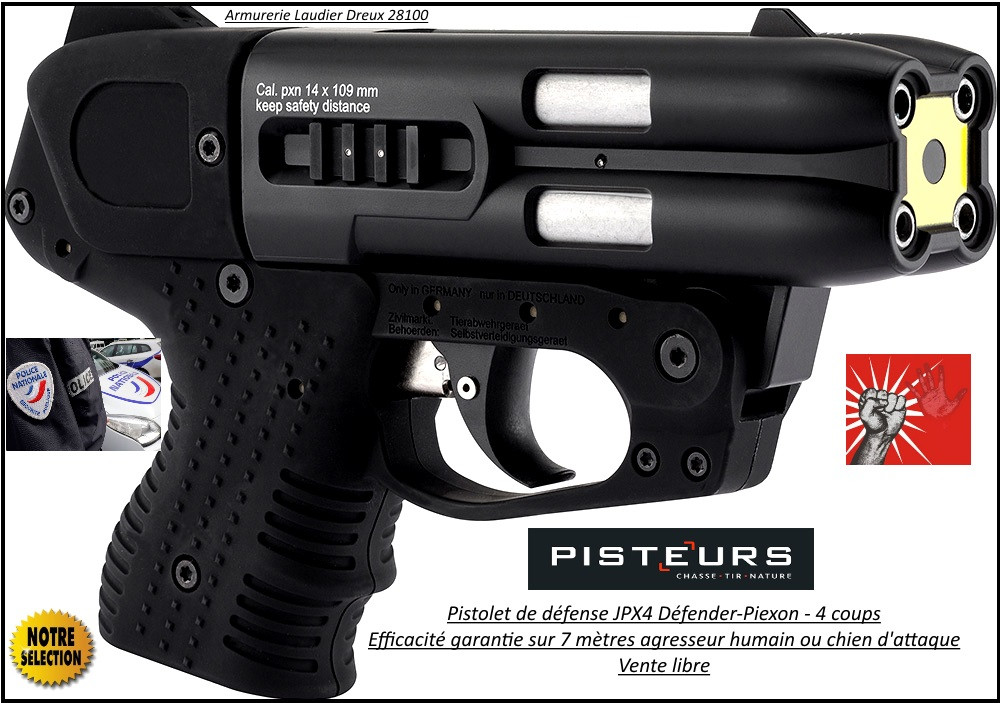 Pistolet défense Piexon Jpx4 Noir Jet Protector 4 coups rechargeable-VENTE LIBRE-Ref 33180